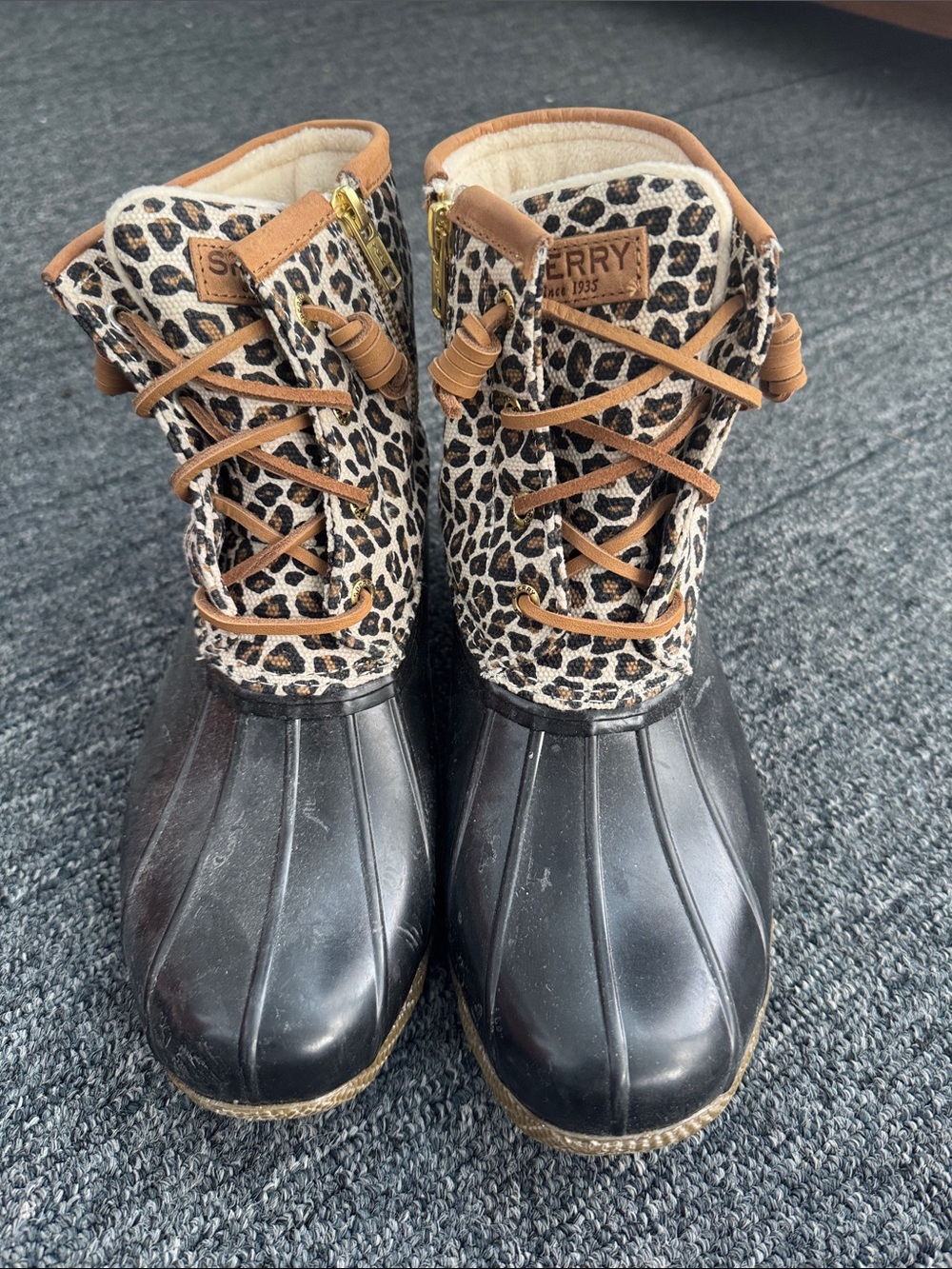 Sperry Leopard-Print Duck Boots in Black and Tan